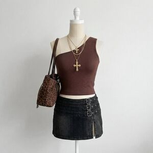 Urban Planet One Shoulder Strap Ribbed Brown Top